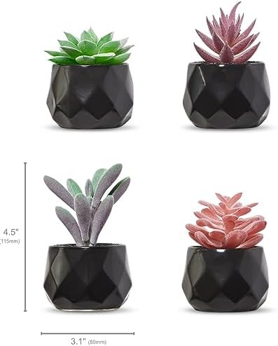 Nordik Set of 4 Desk Plants – Geometric Round Black Pots – Perfect for Bathroom,