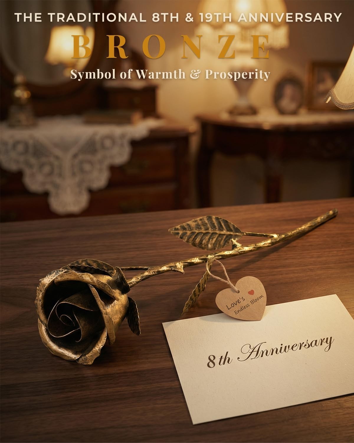 Handmade Bronze Rose – Solid Metal Flower Keepsake for 8th & 19th Anniversary Gi
