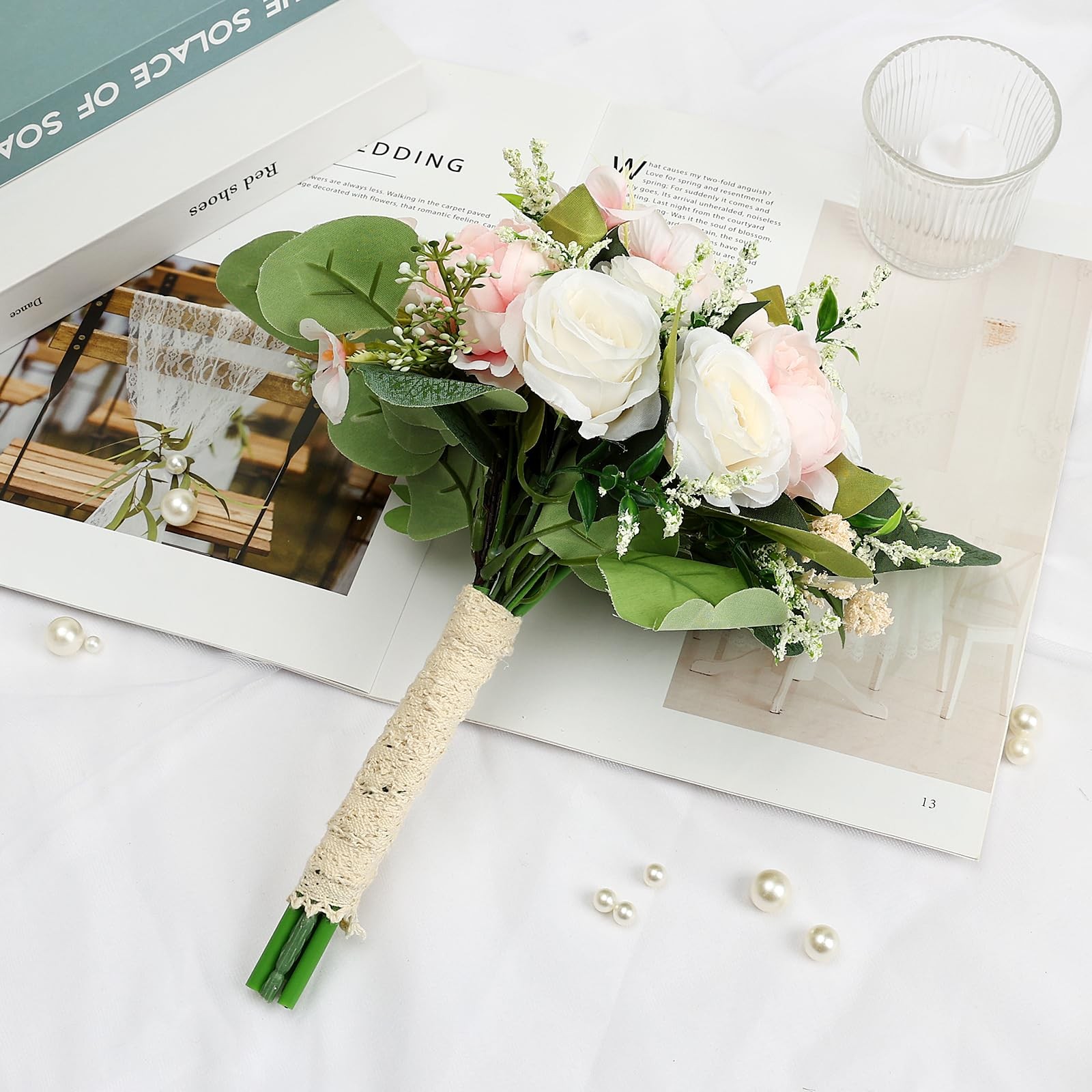 DIYDOFUN Bridesmaids Bouquets for Wedding – Set of 2 Realistic Artificial Ros…