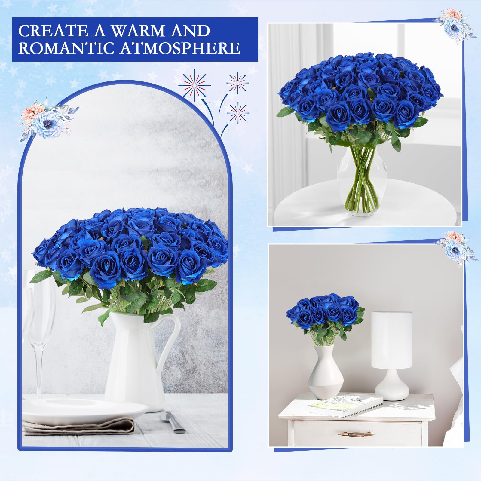 50 Artificial Roses in Bulk, Fake Silk Roses Realistic Blue Roses for Wedding…