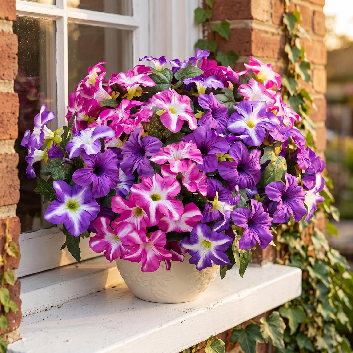 Artificial Fake Flowers Plants for Outdoor Decoration, 4PCS Faux Petunias Silk F