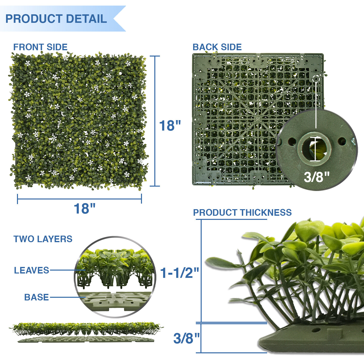 18*18″ Artificial White Flowers Wall Hedge Mat w/ Hard Back Outdoor Grass Fence
