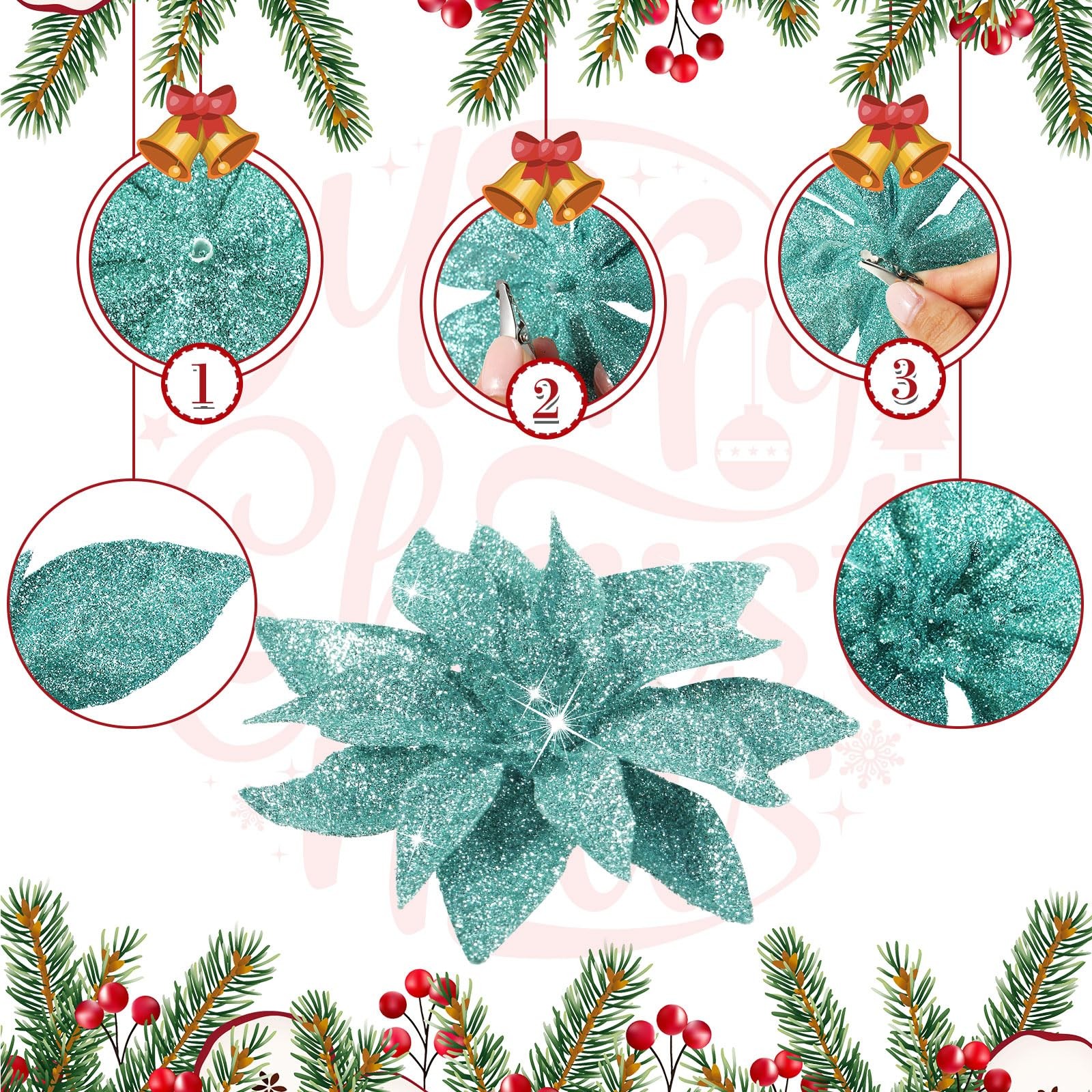 24 PCS Blue Green Glitter Poinsettia Clip-On Ornaments Christmas Tree Decor