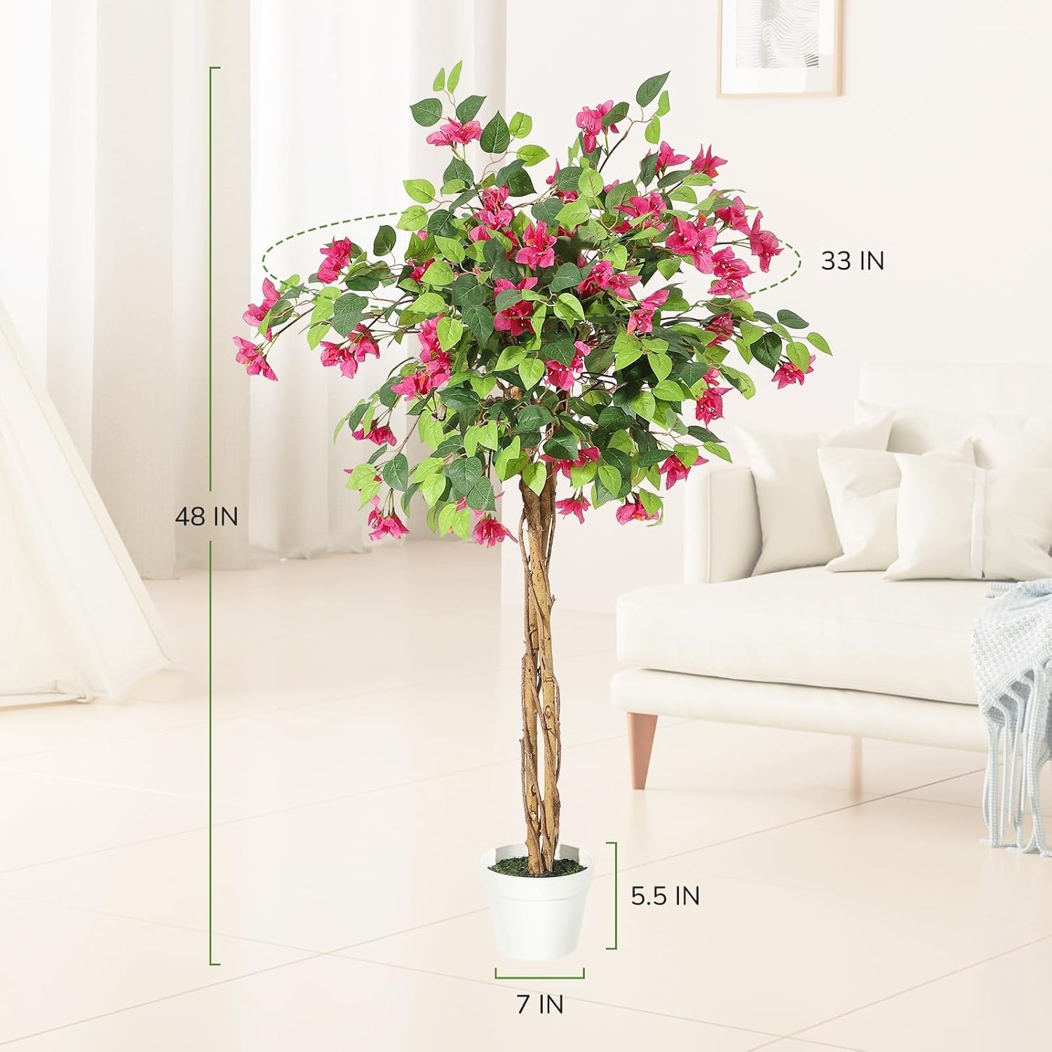 Artificial Bougainvillea Tree 4FT Fake Flower Tree Artificial Indoor w/White Pot
