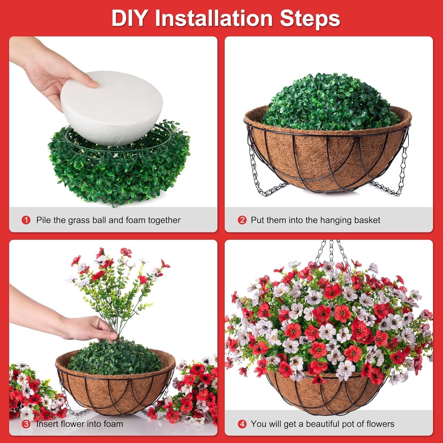 Artificial Silk Flowers Hanging Baskets Outdoors Indoors,Daisy Red and White