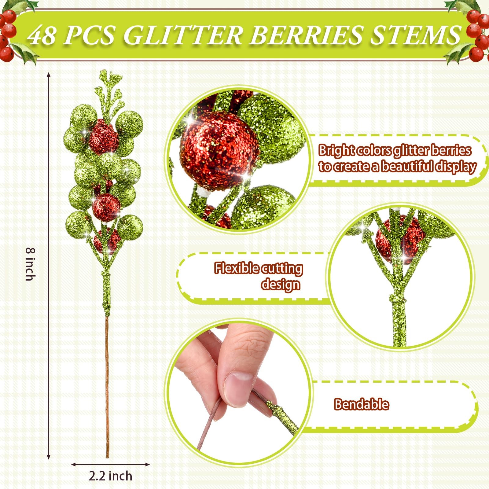 48 Pcs Christmas Glitter Berry Stem 8 Inch Red Green Artificial Holly Berry P…