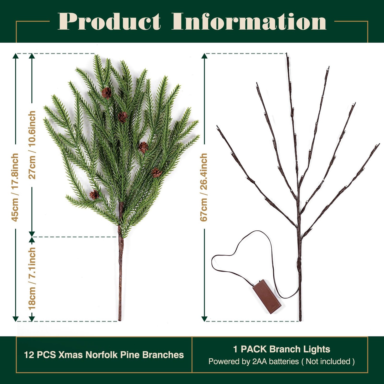 12 Pcs Christmas Norfolk Pine Branches with Branch Lights – 18″ Norfolk Pine …