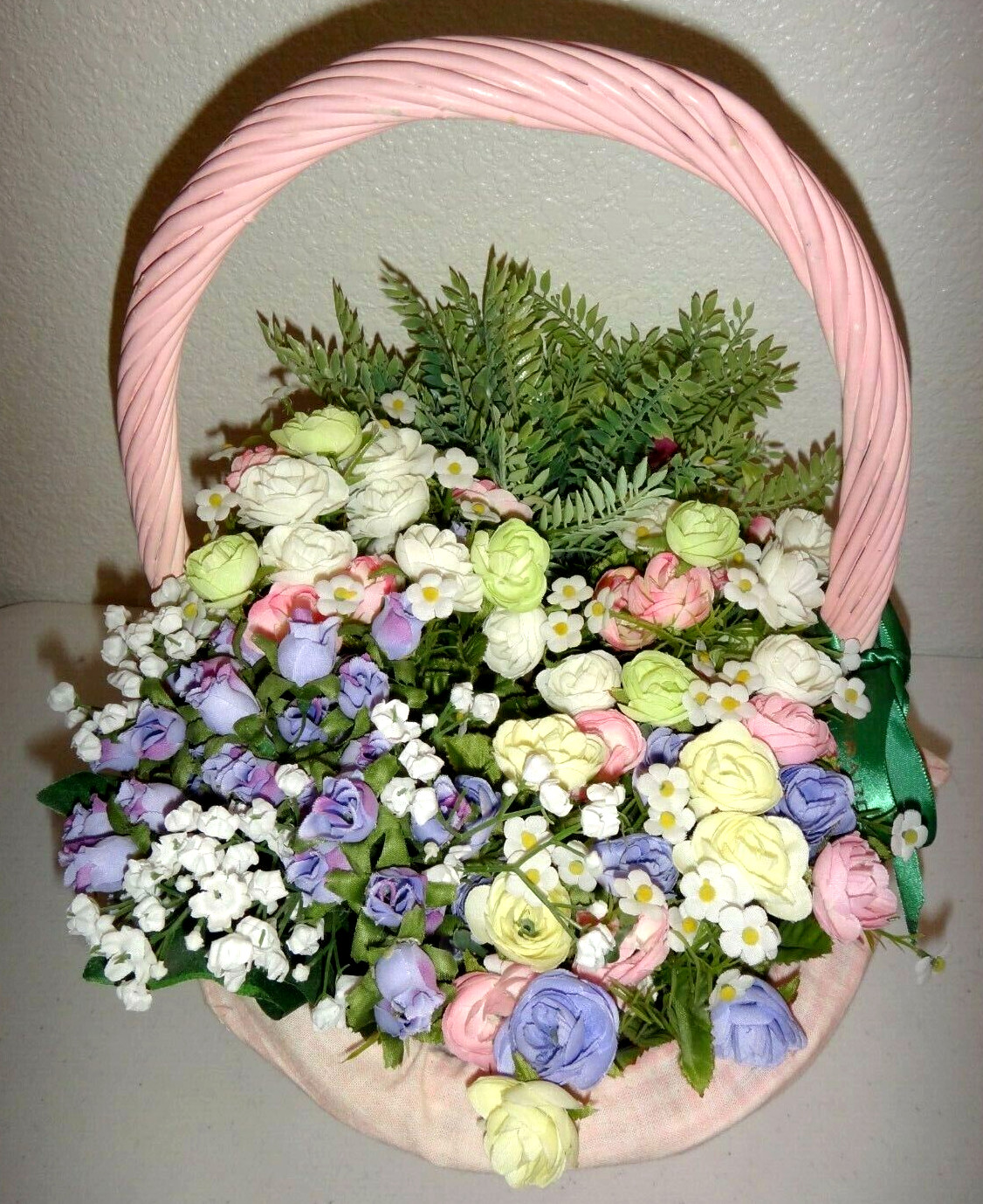 Artificial Multi-color Flowers & Leafs in Pink Wooden Bucket 13.5″ x 14″ x 10″