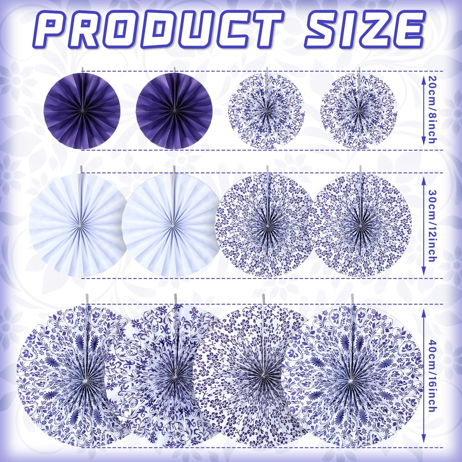 Wonderjune Chinoiserie Hanging Paper Fans Blue White 12 Pcs Party Decor