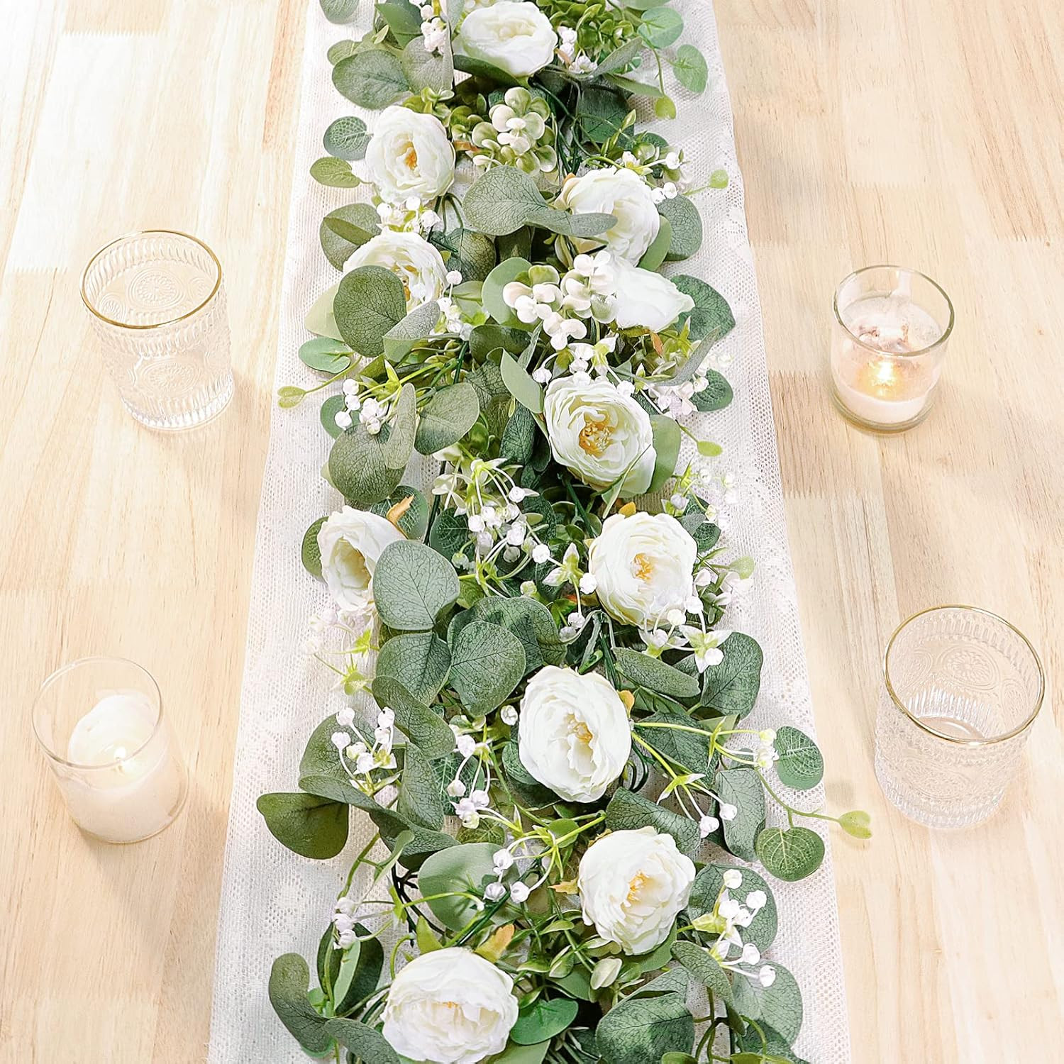 2 Pack 13Ft Artificial Eucalyptus Flower Garland with White Roses, Fake Rose Flo