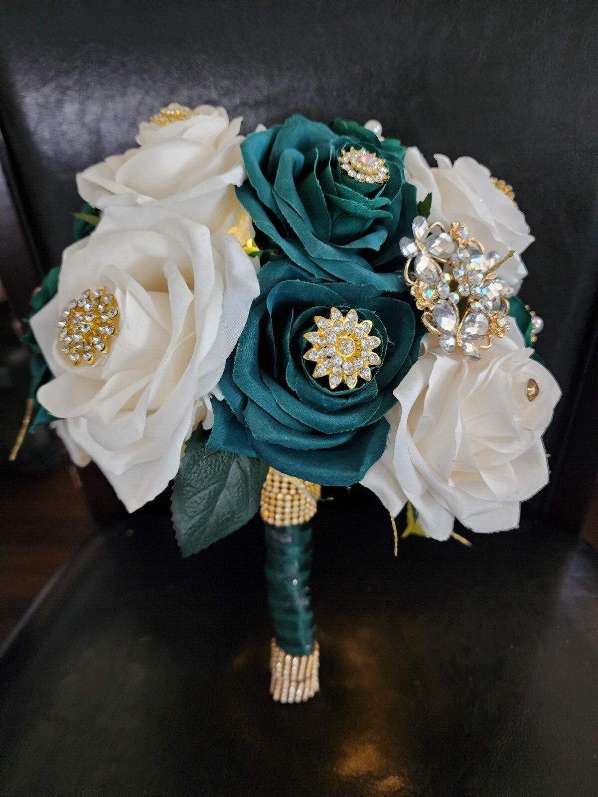 Emeral Green & Ivory Luxury Bouquet with Lights for Quinceneras & Weddings