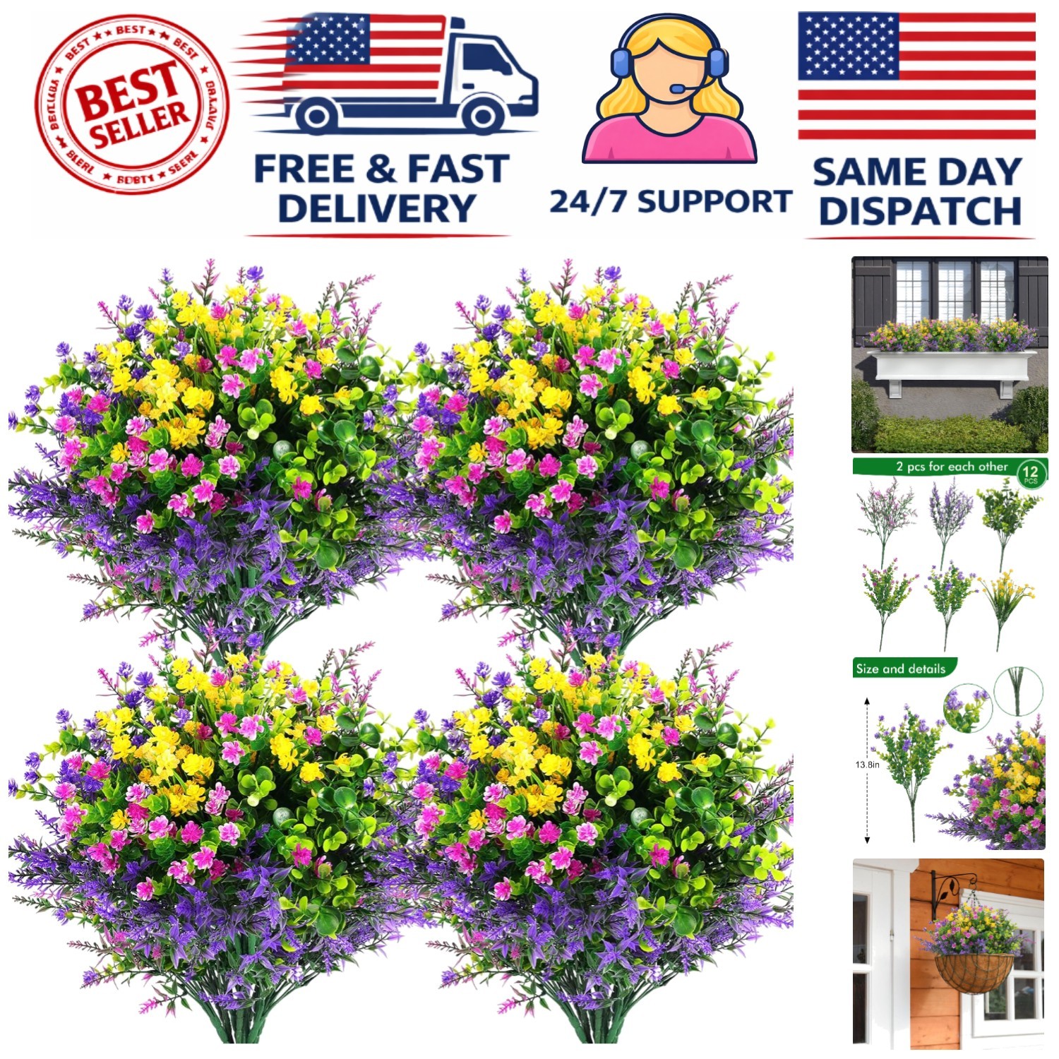 Colorful Artificial Flowers Set – 12 Pcs Outdoor Decor in Fuchsia, Yellow, Green