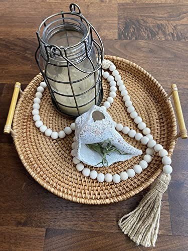 60″ Farmhouse Wood Bead Garland with Tassels Rustic Boho Tiered Tray Decor