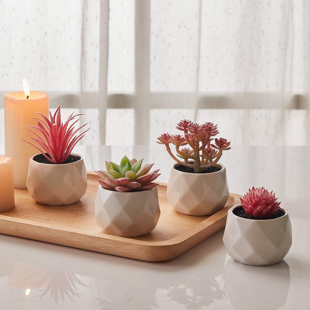 Fake Succulent Plant Set Artificial Desk Plants in Mini Pink Ceramic Pots