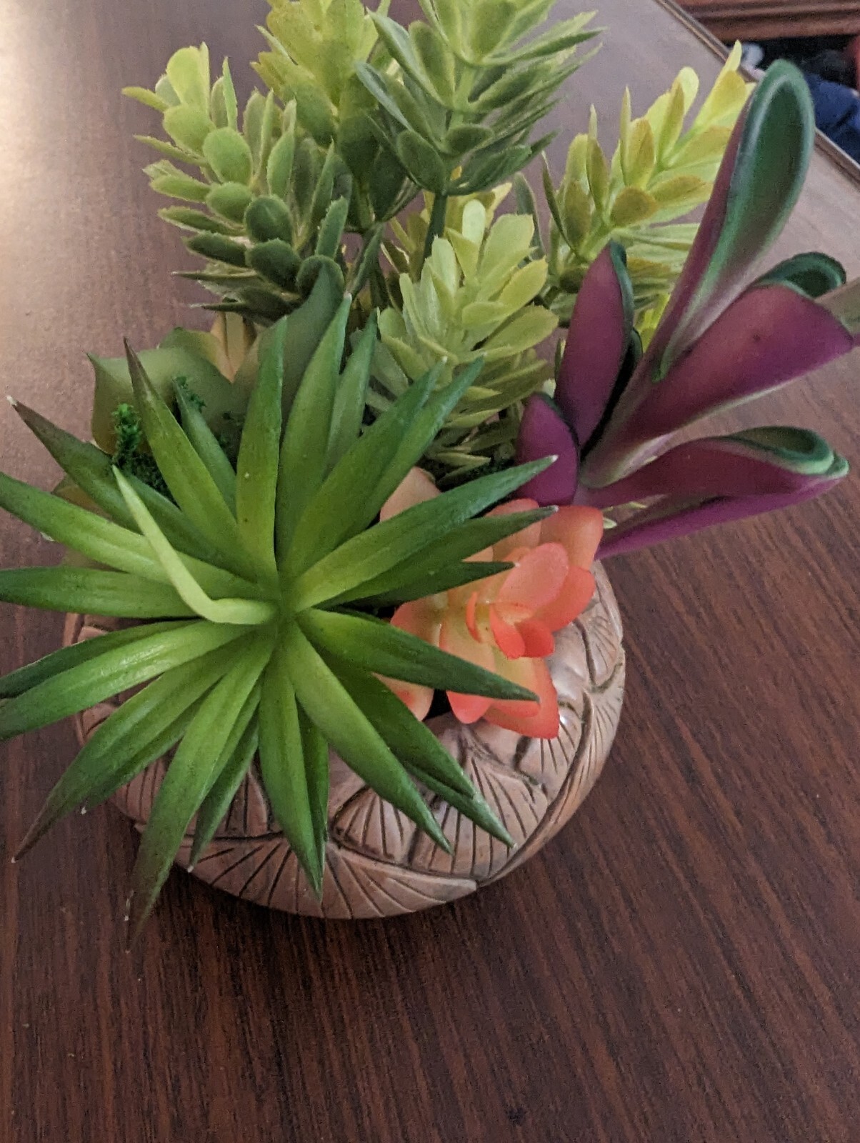 Carved Stone Lotus Bowl Repurposed W/Faux Succulents 5 In. Tall 4 In Wide