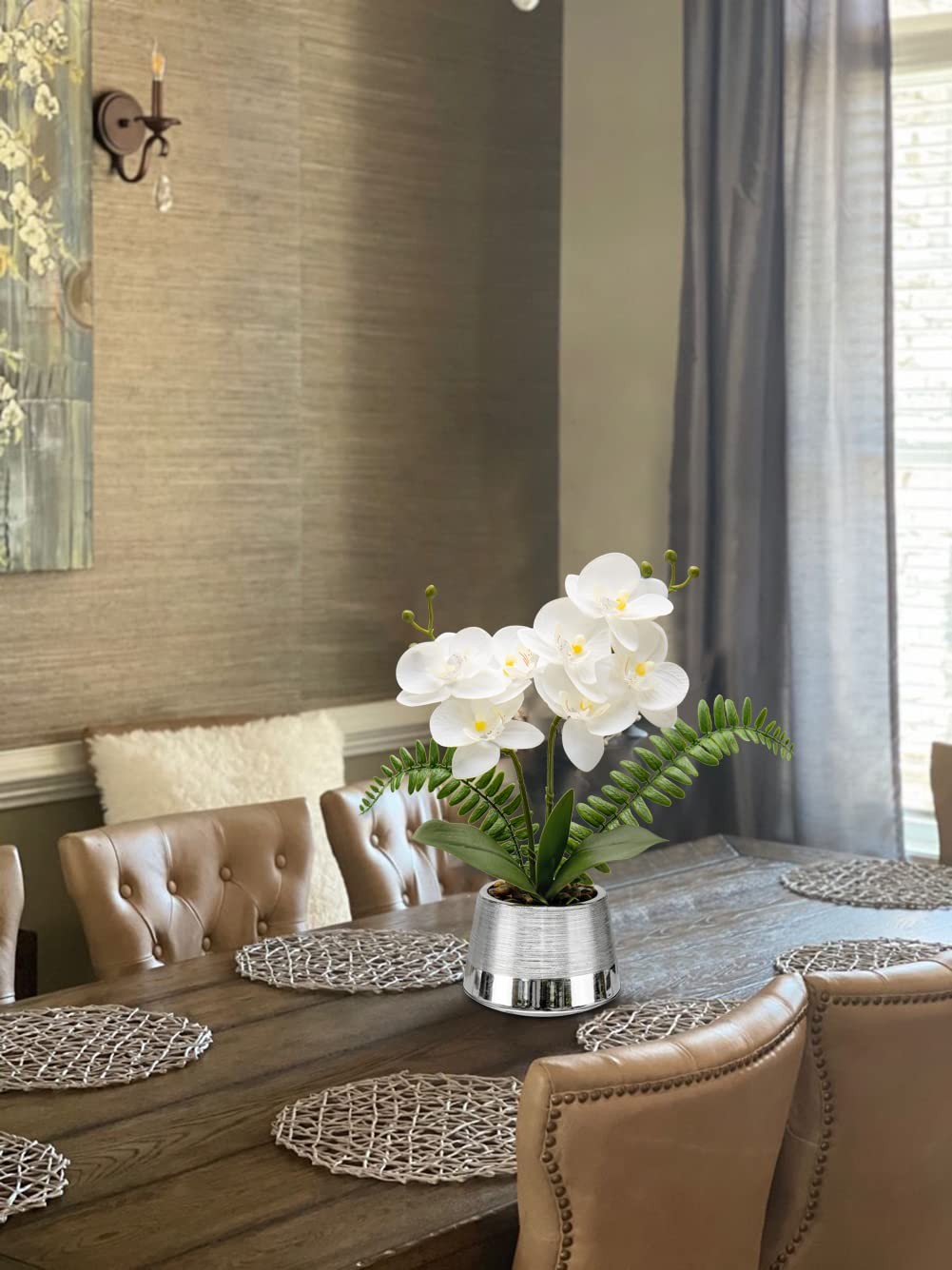 White Orchids Artificial Flowers Silver Pot Faux Phaleanopsis Fake Centerpiece