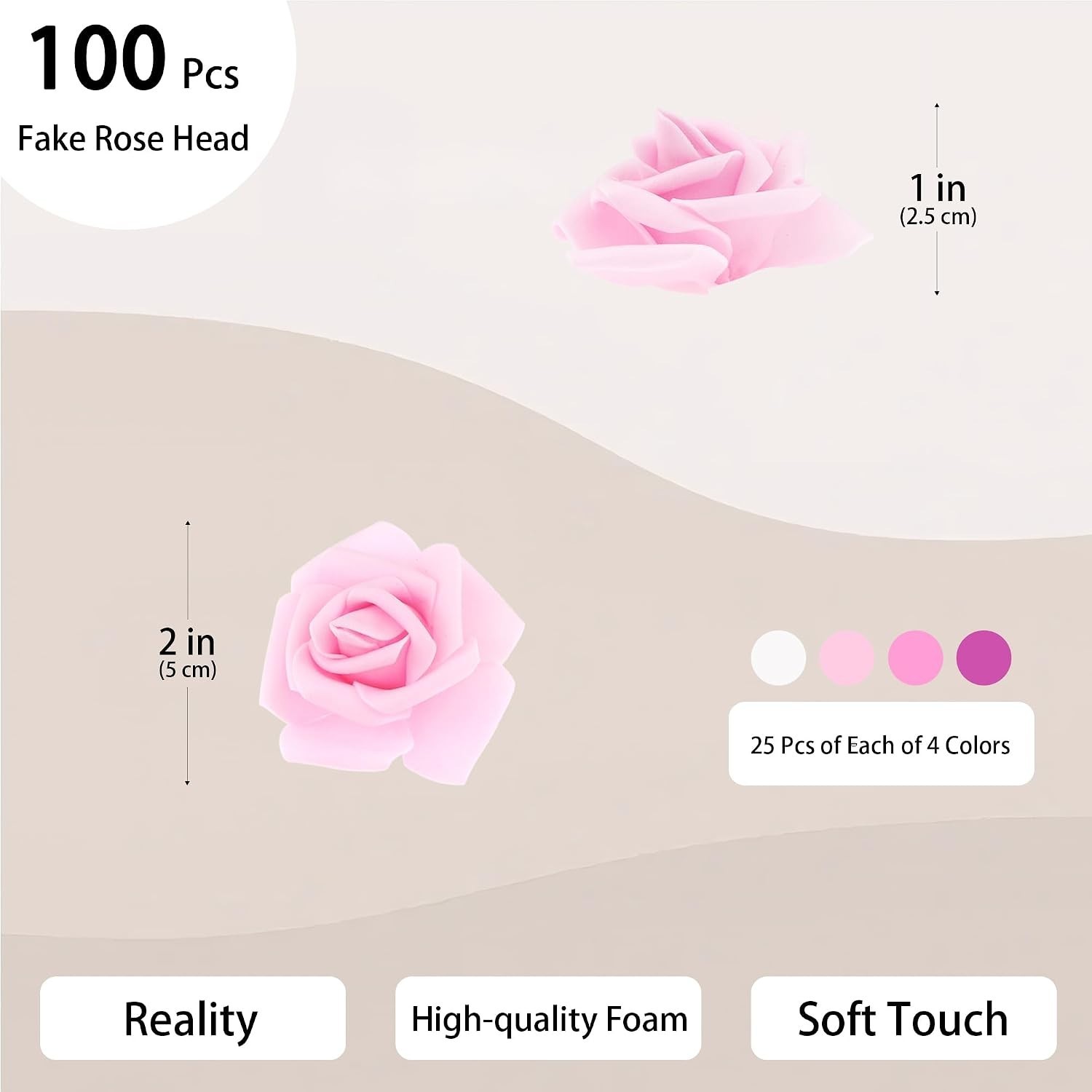 100 Pcs 2 in Artificial Rose Head Bulk 4 Shades of Pink White | Foam Fake Flo…