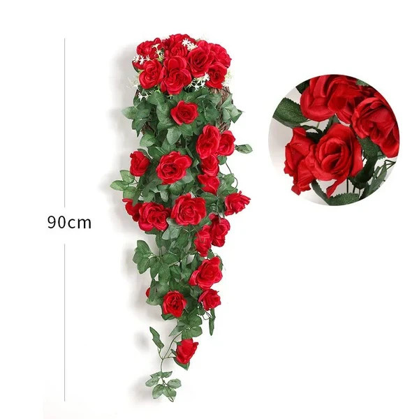 2 Pack Fake Red Rose Ivy Garland Hanging Plant Wall Decor Indoor Outdoor 90CM
