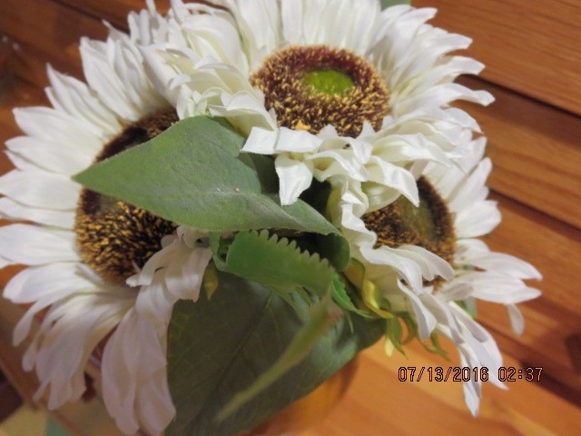 WHITE SUNFLOWER ARRANGEMENT IN CERAMIC YELLOW PITCHER–#T39A-5