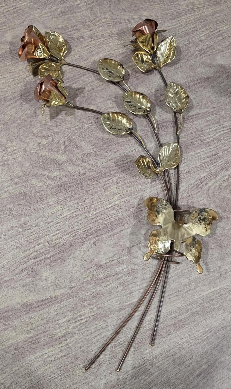 Vintage MCM Brass Rose Bouquet Wall Art with Butterfly Accent 19in Homeco 1970s