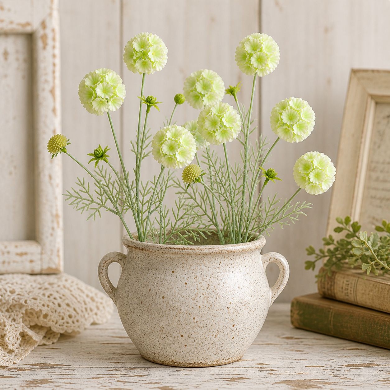 Artificial Scabiosa Flower Stems Green White Faux Wildflower Cottage Floral Fill