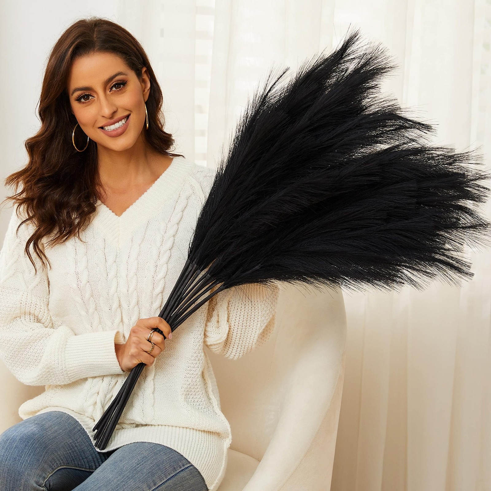 Black Pampas Grass, 9 PCS 37”/3.1FT Tall Fluffy Fake Pompas Floral, Large Ar…
