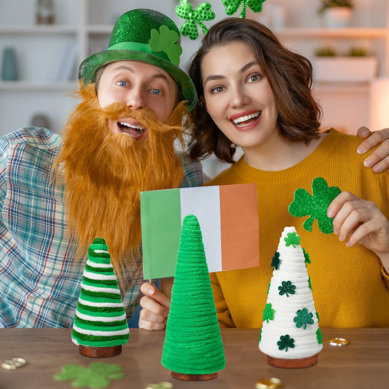 3 Pcs St. Patrick’s Day Tree Table Decorations Yarn Wrapped Mini Trees Green St.