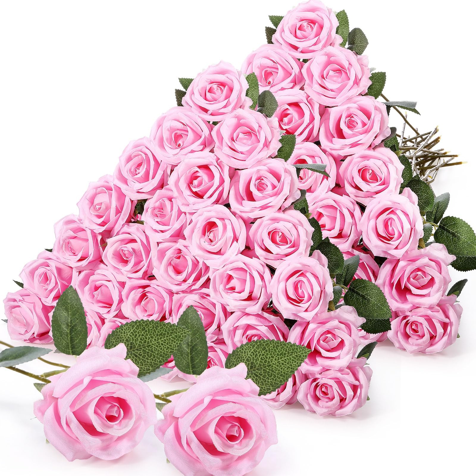 60 PCS Artificial Roses Bulk Silk Flowers with Long Stems, Realistic Faux Ros…