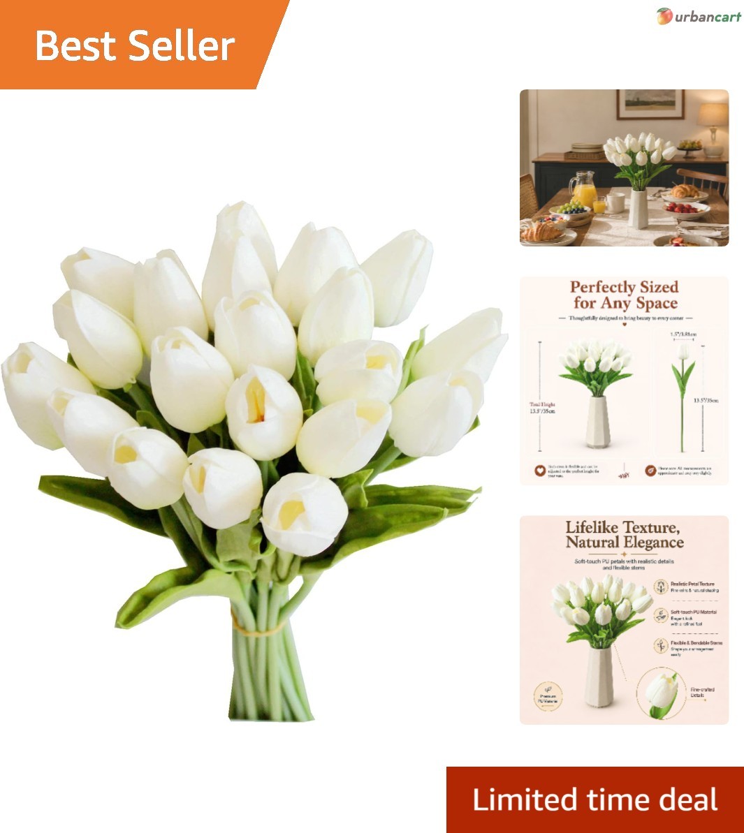 Elegant 20-Piece White Tulip Faux Floral Arrangement for Timeless Home Decor