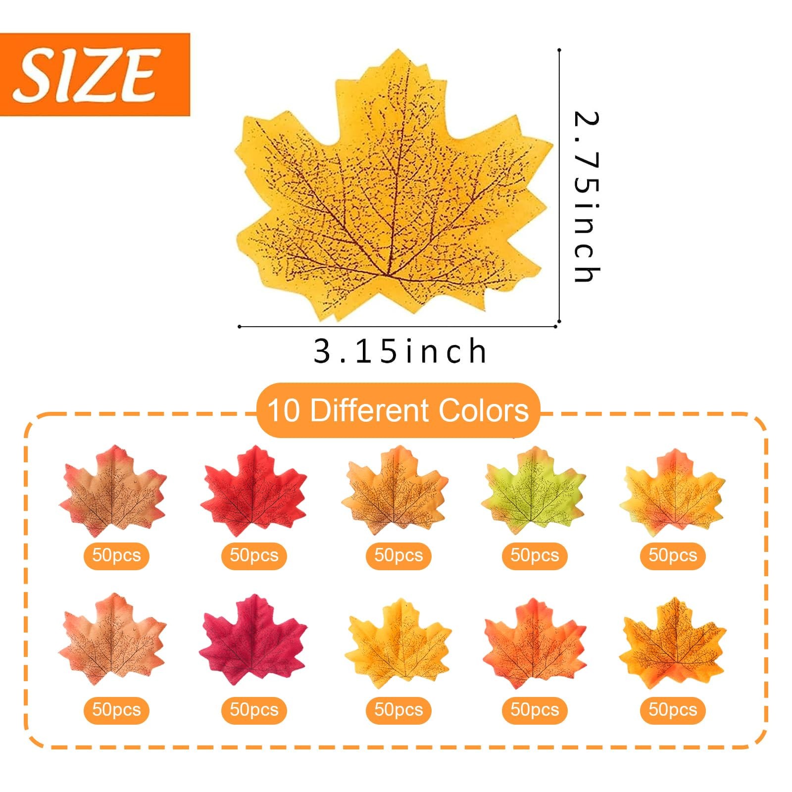 500PCS Mixed Color Fake Fall Leaves Decorations Artificial Autumn Maple Leaf