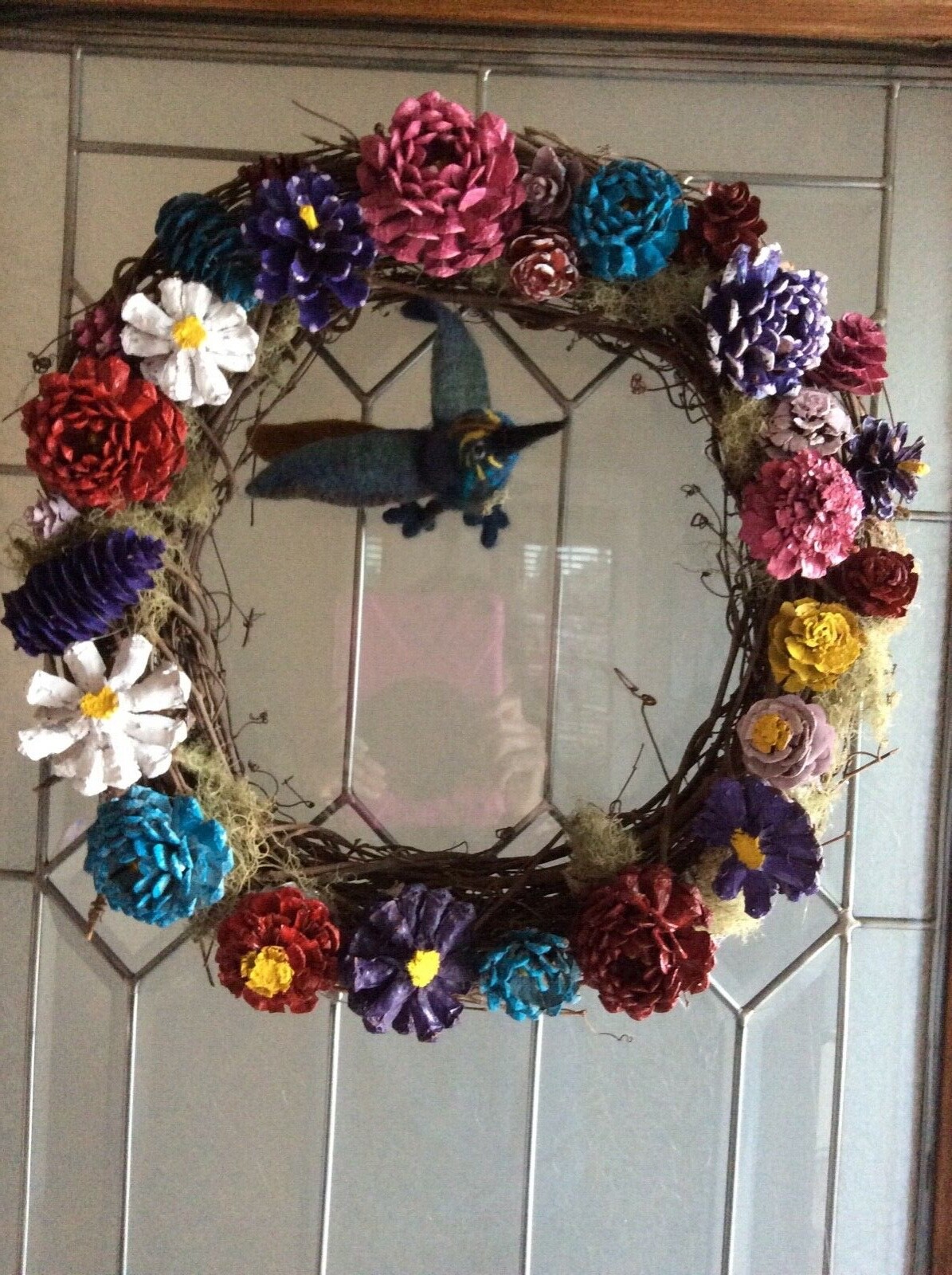 Pine cone Wreath, blue,pink, Purple Colors with wool tufted hummingbird
