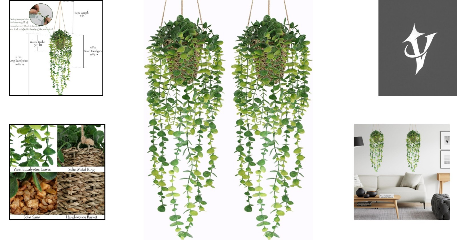 2 Pack Faux Eucalyptus Hanging Plants in Handmade Woven Baskets for Home Decor