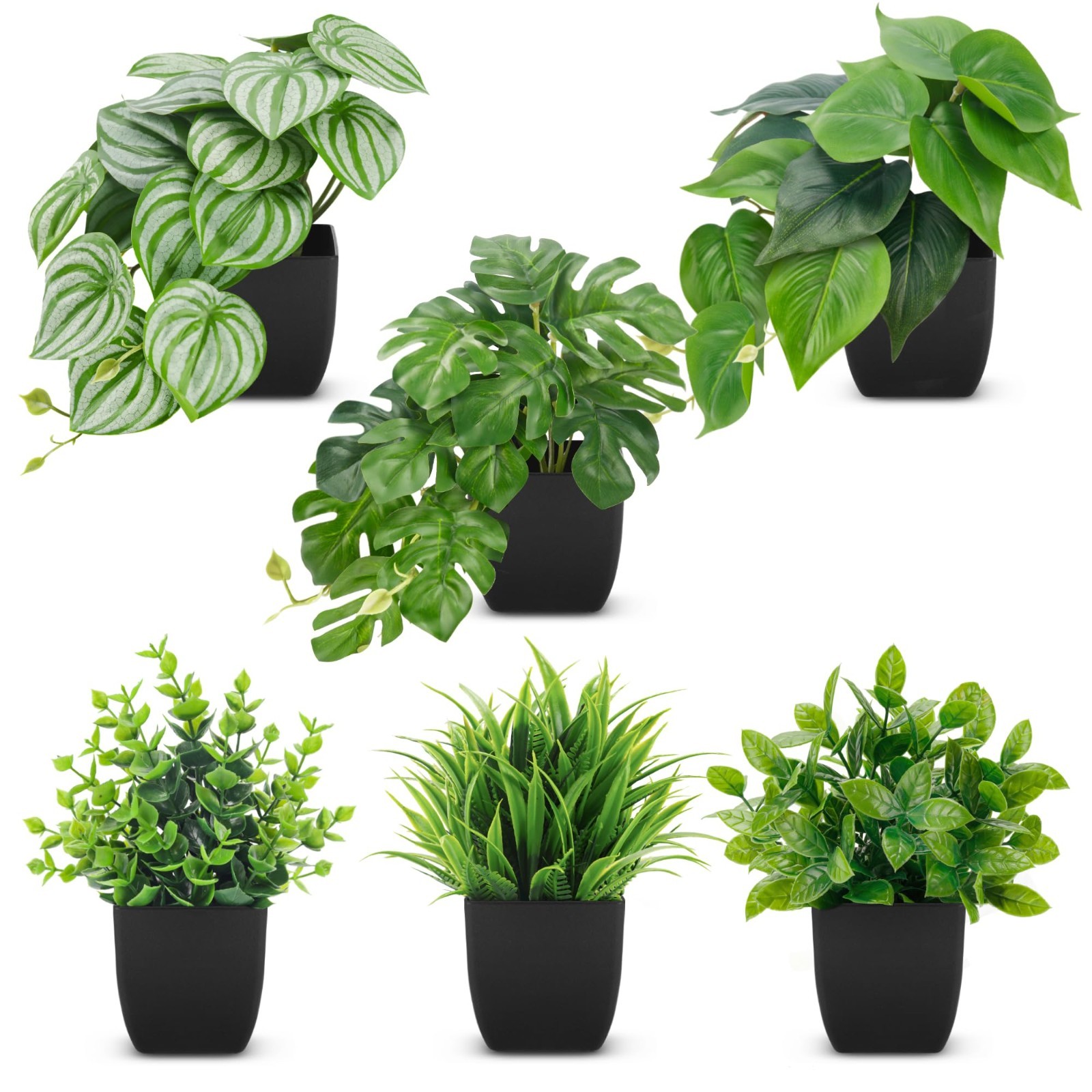 6 Pack Small Artificial Plants in Black Pots – Home Office Bathroom Decor, Aesth