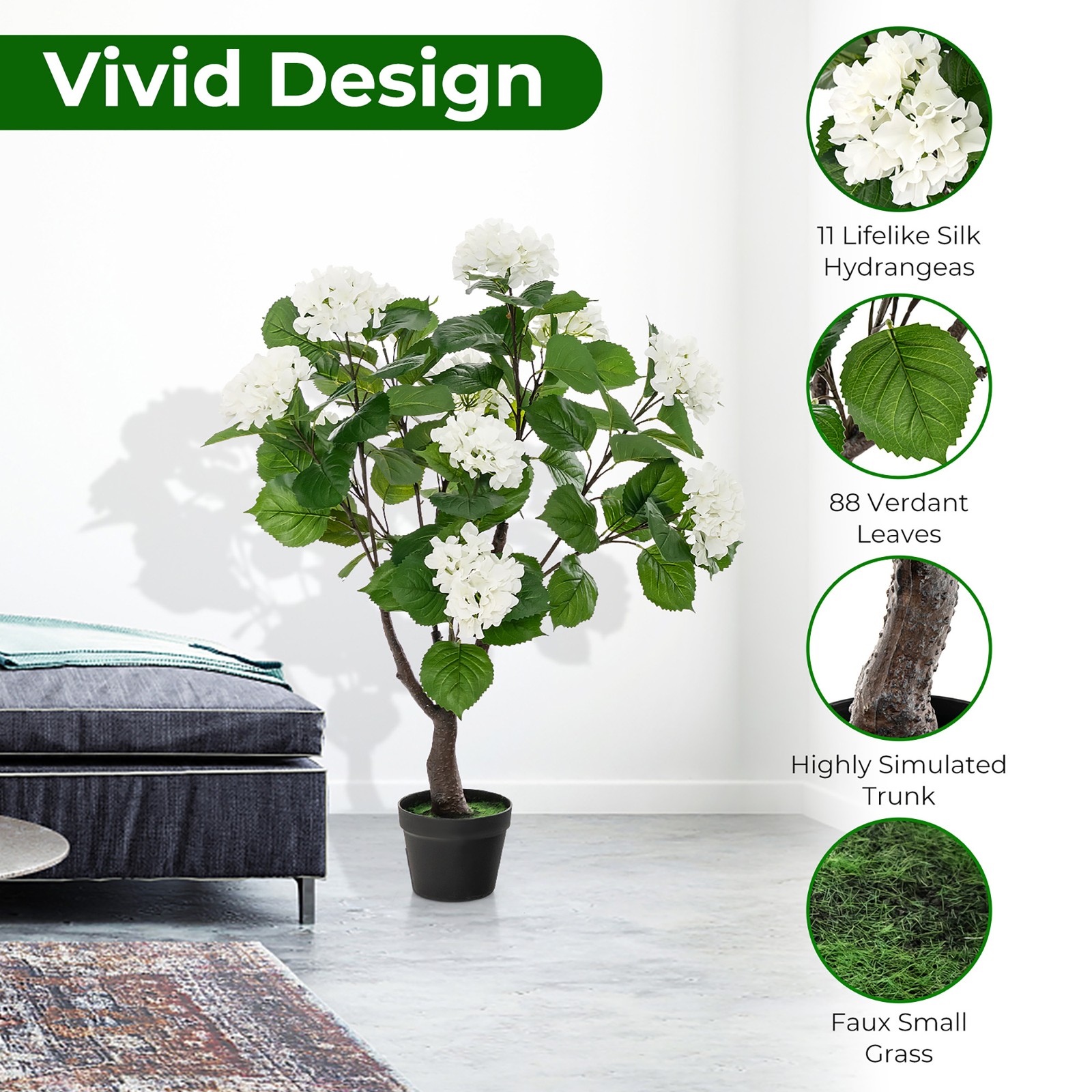 2 Pack Artificial Hydrangea Tree Fake Floral Plant w/ 11 White Flowers