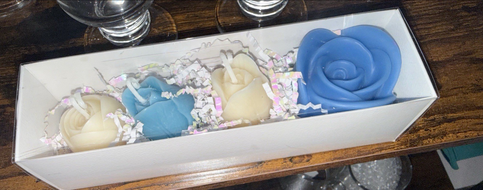 Artificial Blue & White Rose Floral Candle Set Wax Arrangement Gift Box
