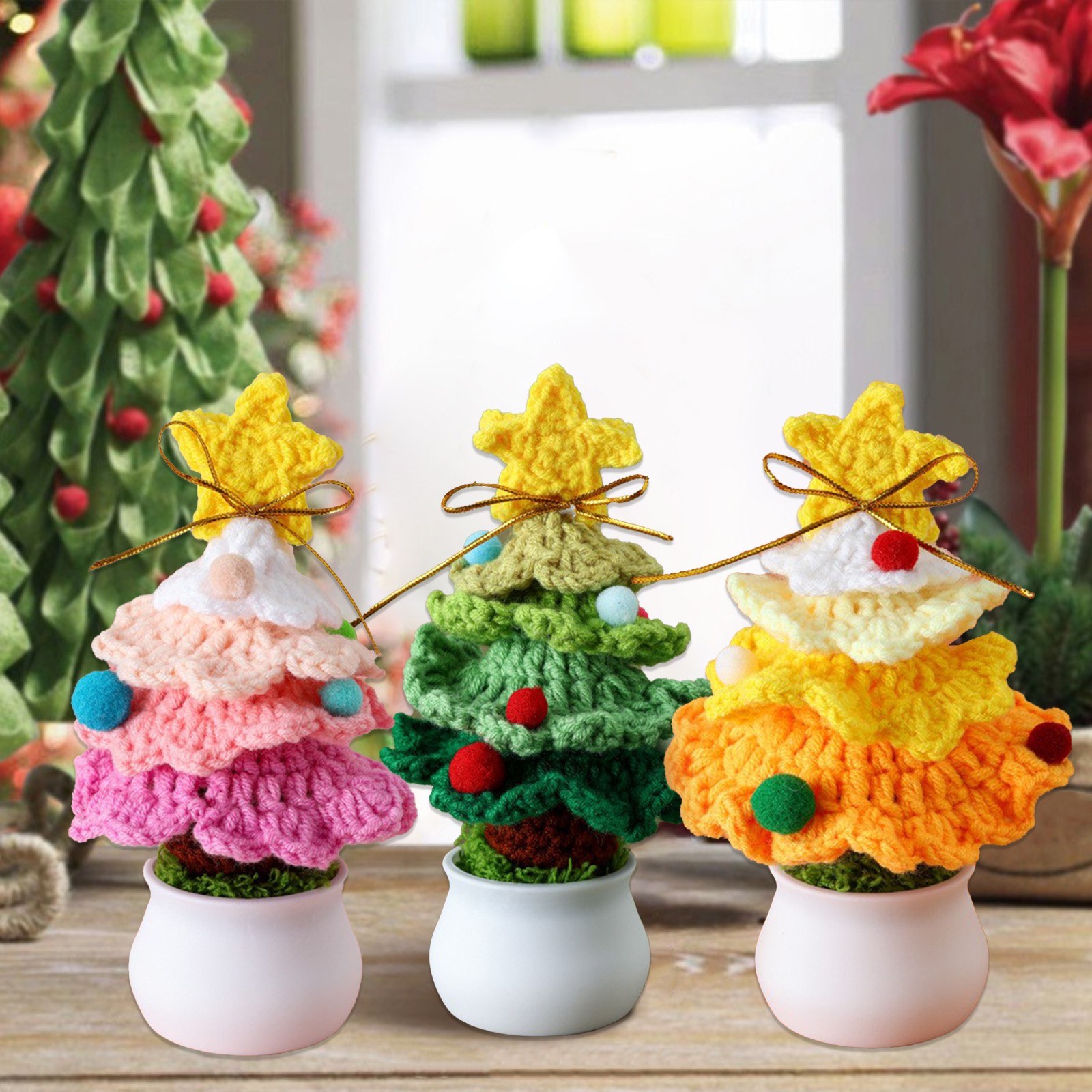 ↑Knitted Mini Xmas Tree Simulation Crochet Xmas Tree Bonsai Ornament For Mall