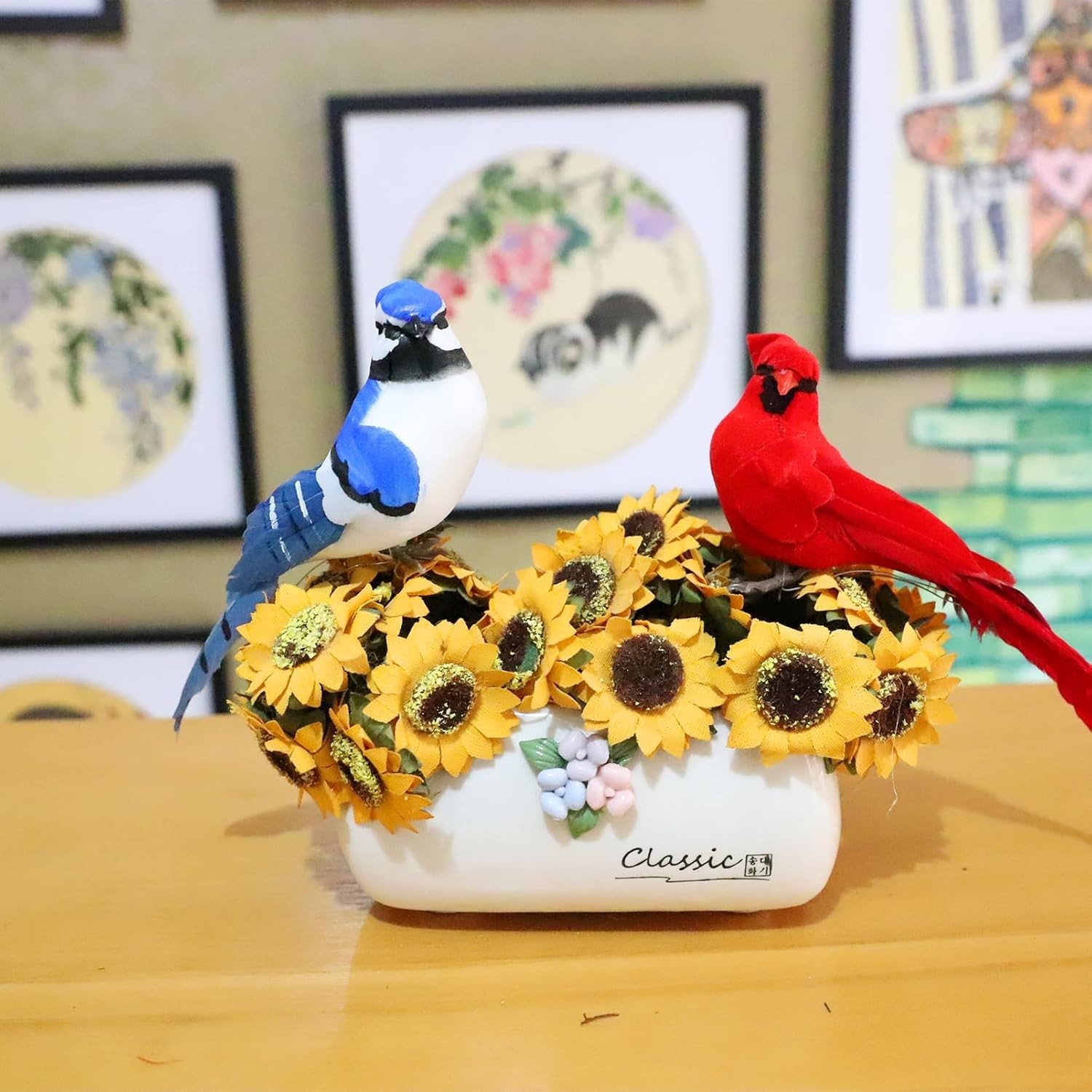 Realistic Bird Ornaments 3pcs Red Cardinal Blue Jay Goldfinch for Christmas