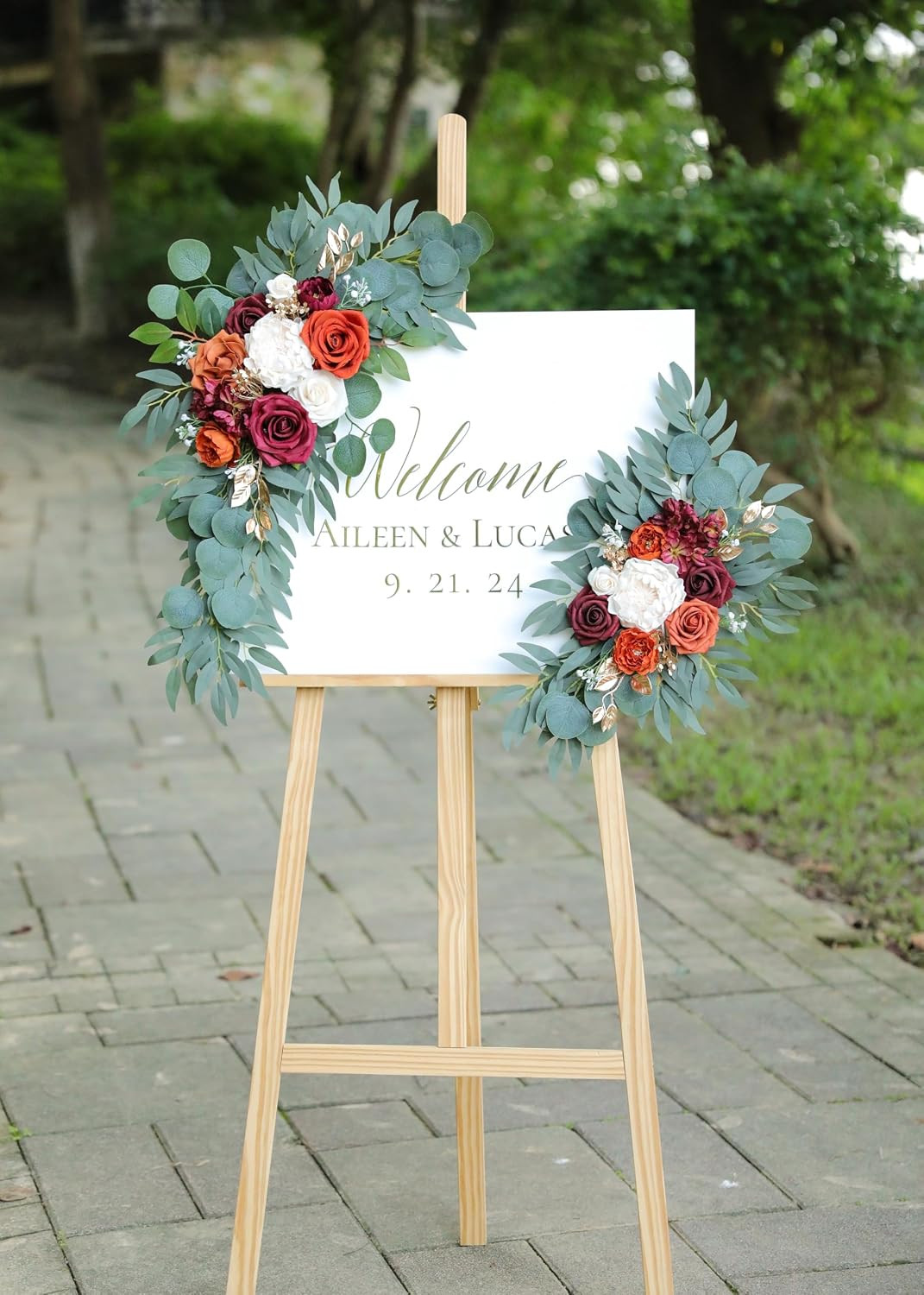 Burnt Orange Wedding Arch Flowers Swags Set of 2 with Burgundy Roses