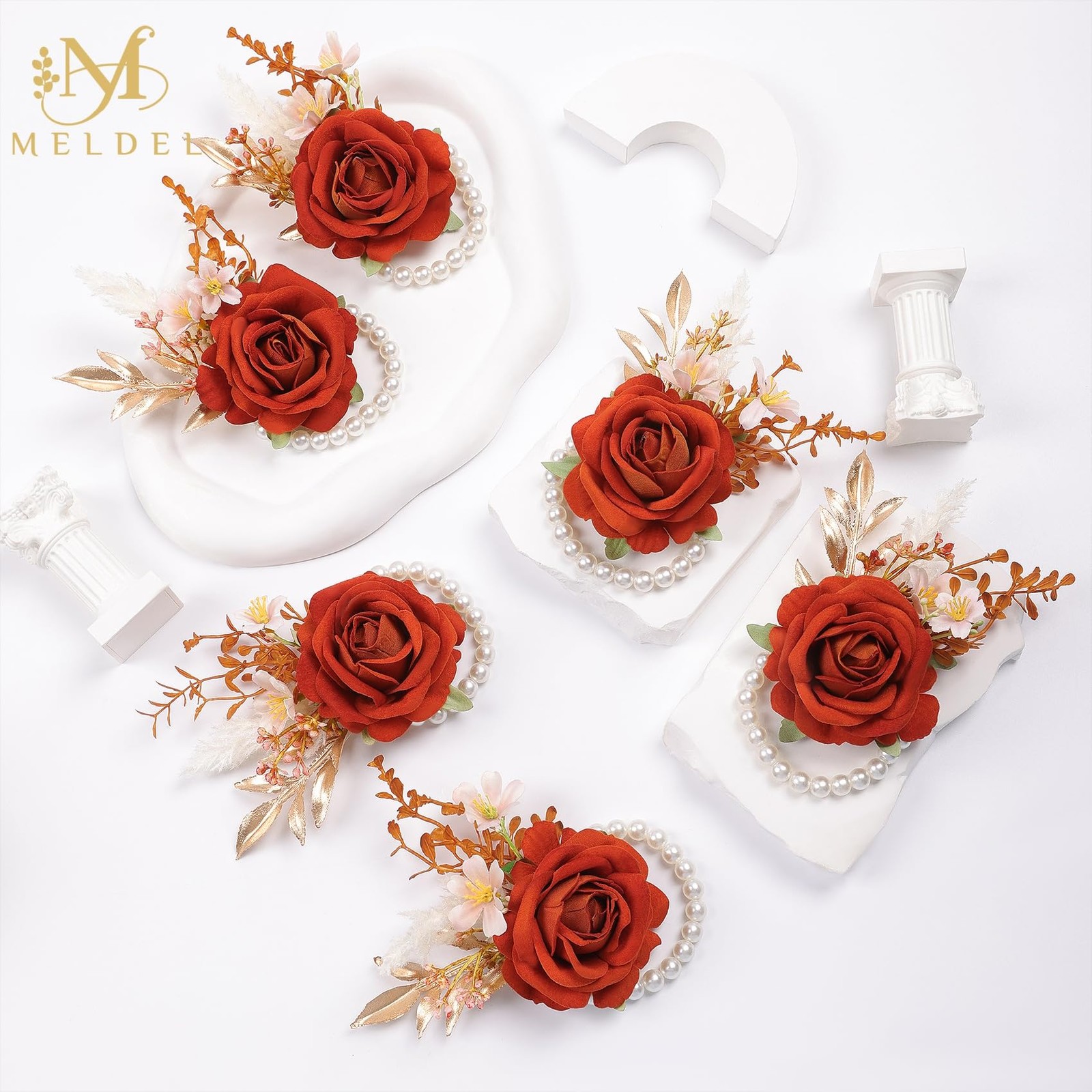 Burnt Orange Wrist Corsage and Boutonniere Set, Flower On Wrist for Bride Bri…