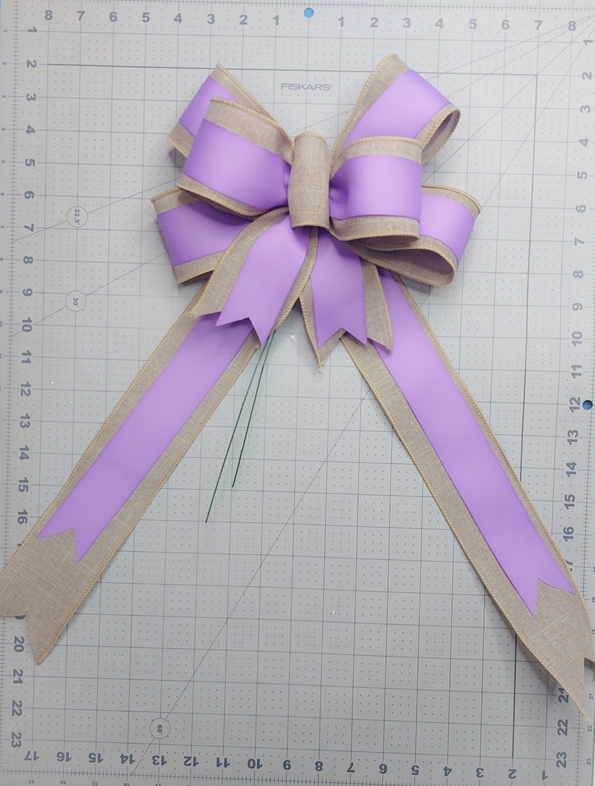 Wreath Bow, Beige Linen, Wisteria Purple Grosgrain