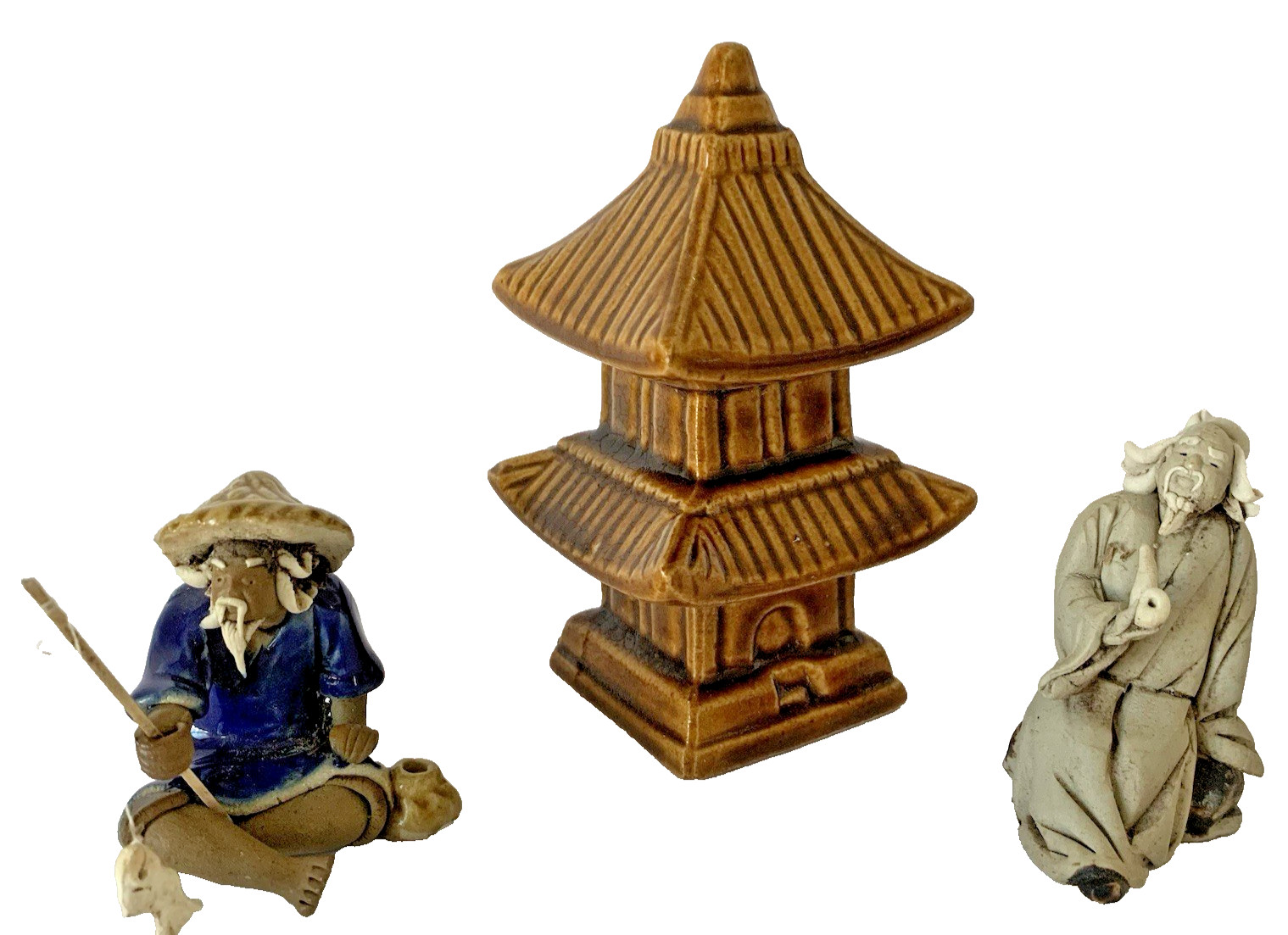 Vintage Lot of 3 Pcs Glazed Pagoda 2 Chinese Mudmen Mud Figure Fishermen Bonsai