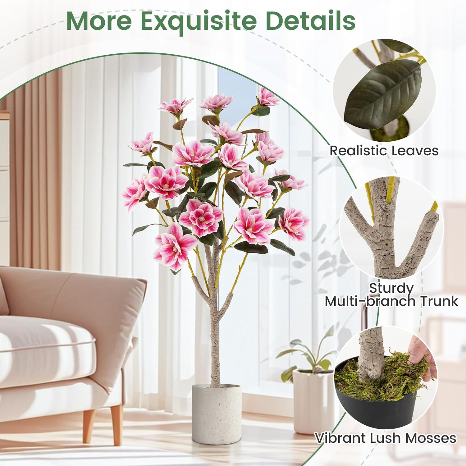 51” Artificial Magnolia Tree, Faux Flower Plant with PEVA Leaves, Multi-Branch T