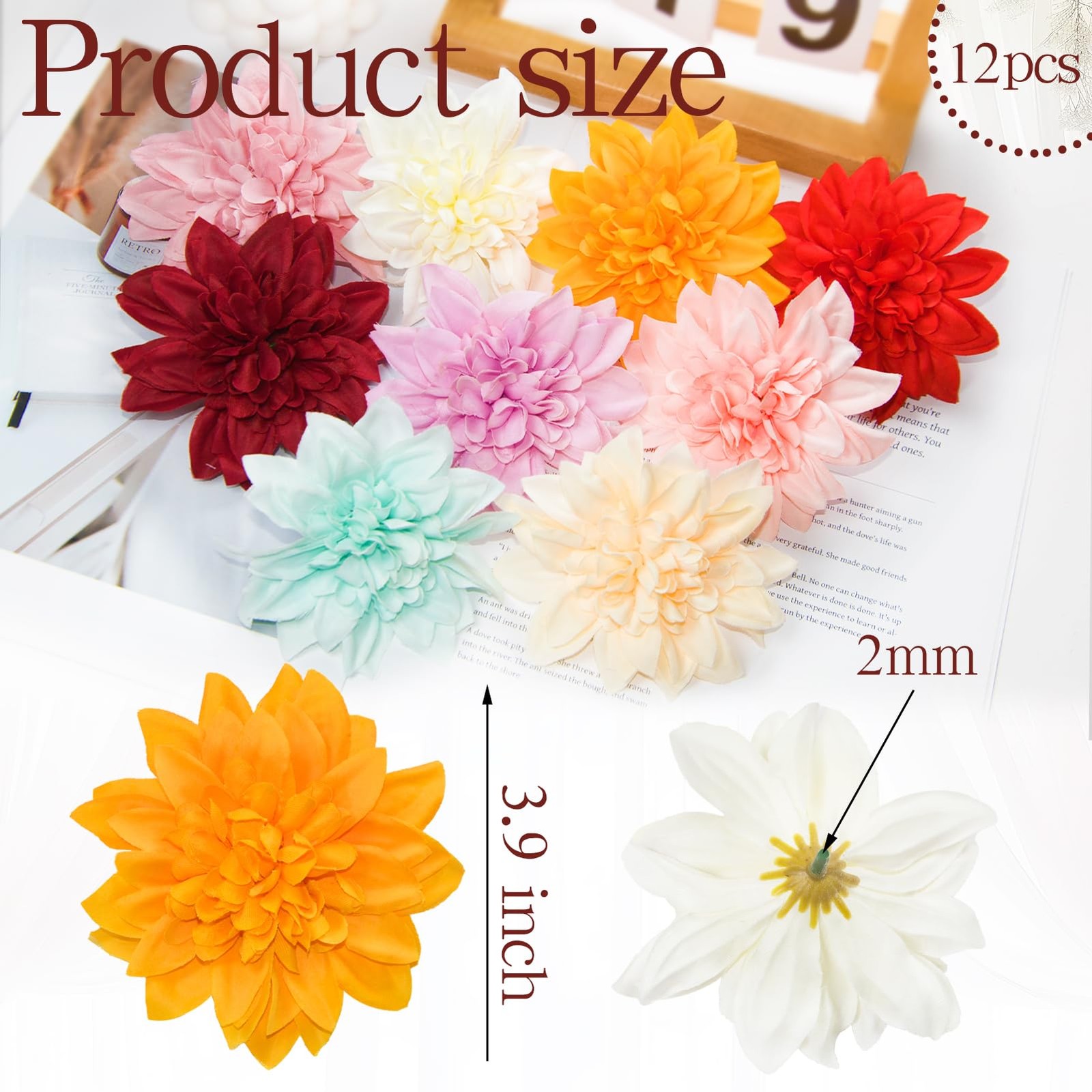 12 Pcs Fake Flowers Stemless Dahlia Flower Heads, 3.9 inch Dahlia Orange Arti…