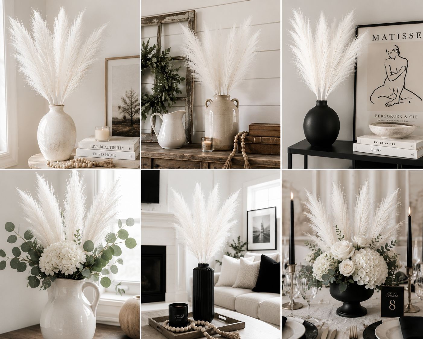 White Faux Pampas Grass Bundle | 3 Artificial Pampas Stems | White Home Decor |