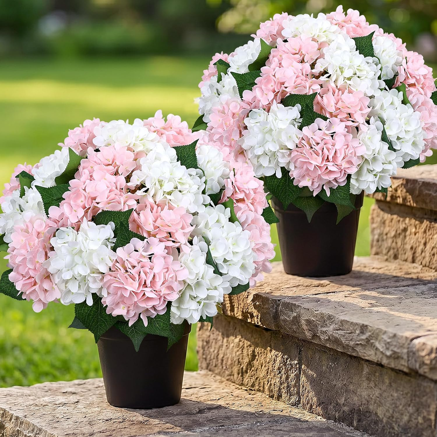 2 Sets 16″ Pink Hydrangea Artificial Flowers in Pots – UV Resistant Decor