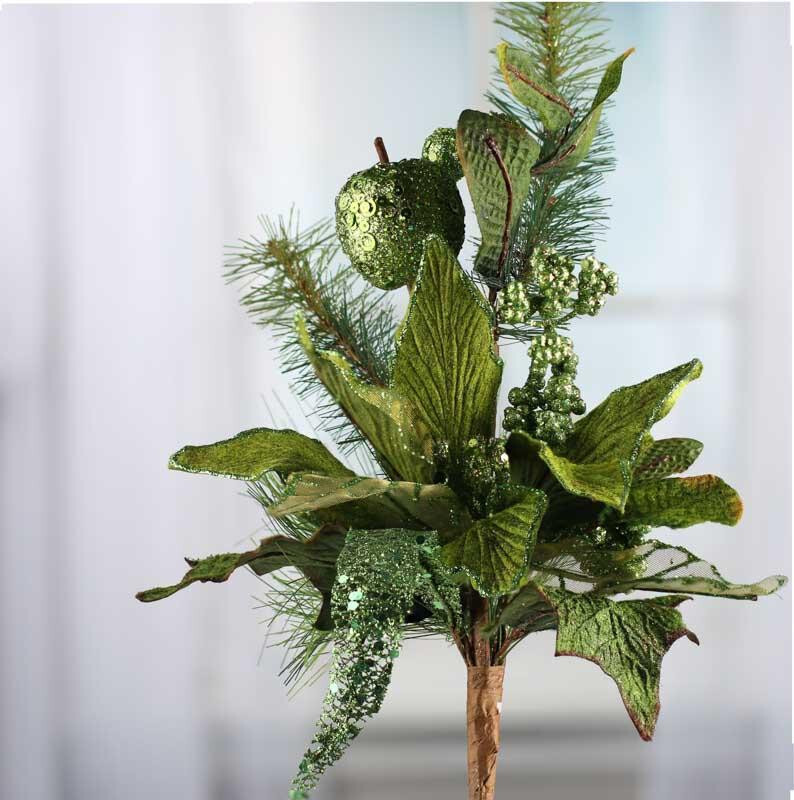 Set of 2 Green Sparkling Velvet Artificial Poinsettia and Fruit 17″ Picks
