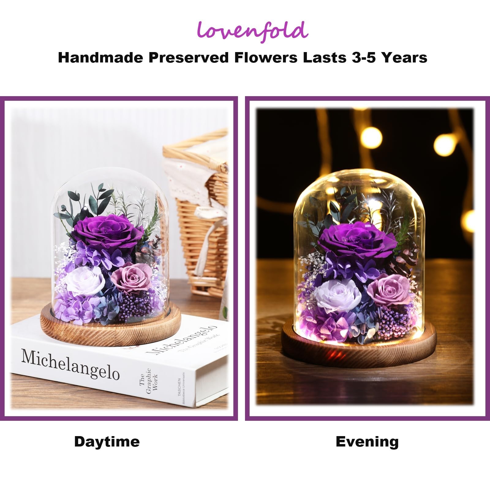 Preserved Purple Rose in Glass Dome – Long-Lasting Forever Flowers Gift for Wome