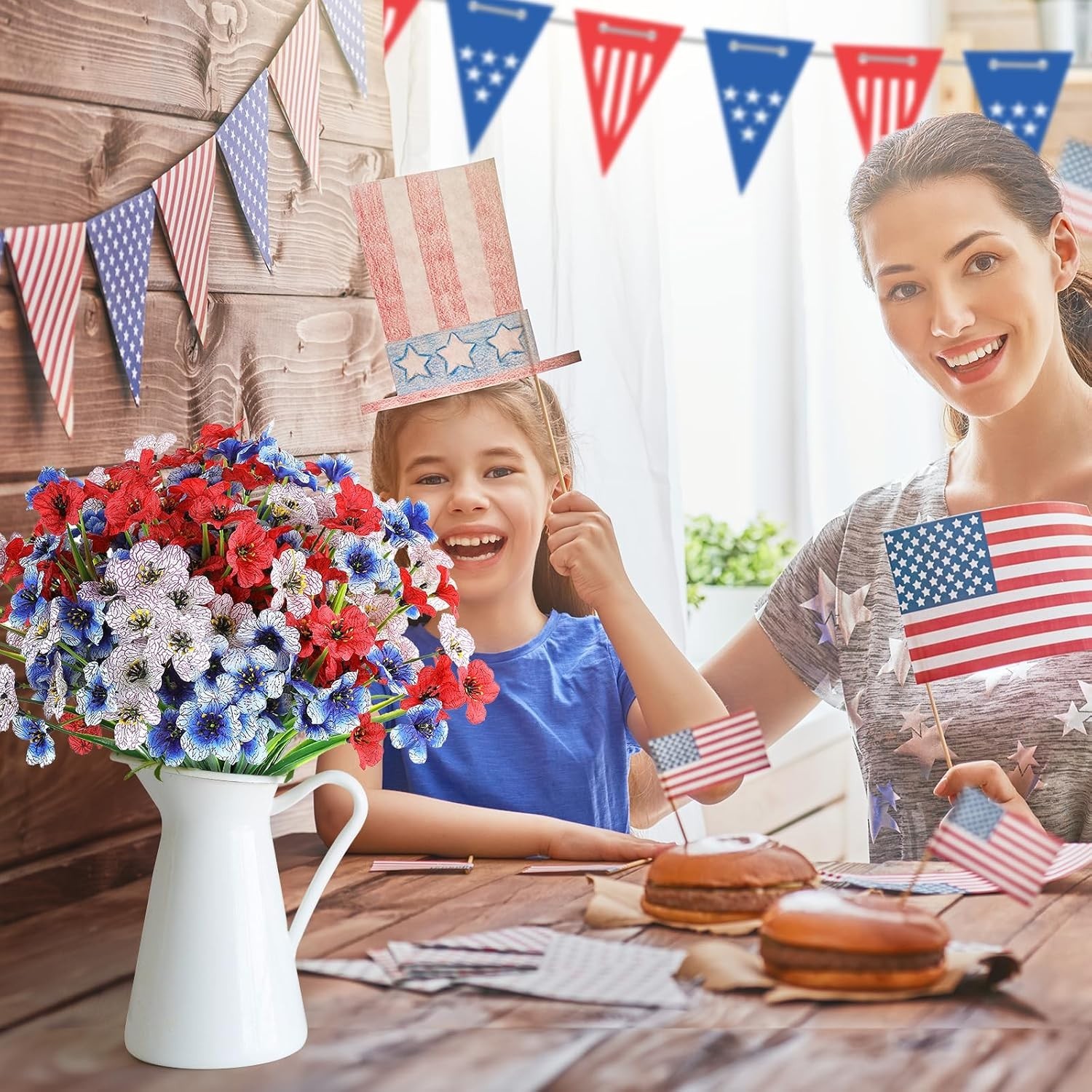 Vibrant Red, White & Blue Faux Plants – Perfect for 4th of July Decor
