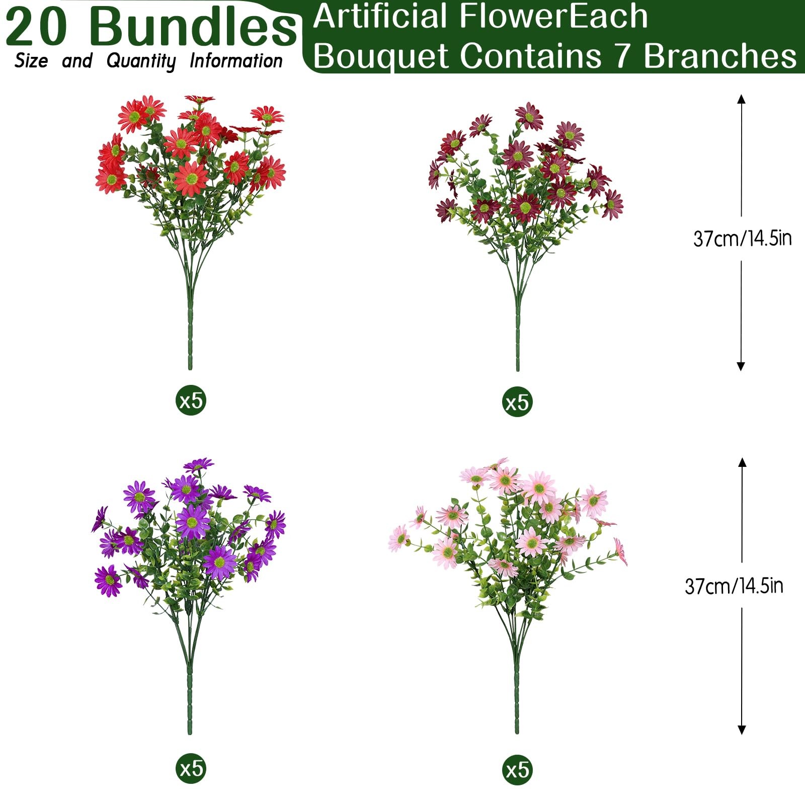 Alupssuc 20 Bundles Artificial Daisies Red Purple Brown Pink Flowers