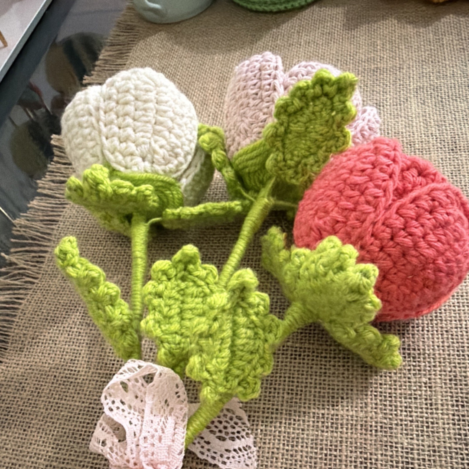 Handmade Crocheted Yarn Artificial Flower Bouquet Roses Pink White Red